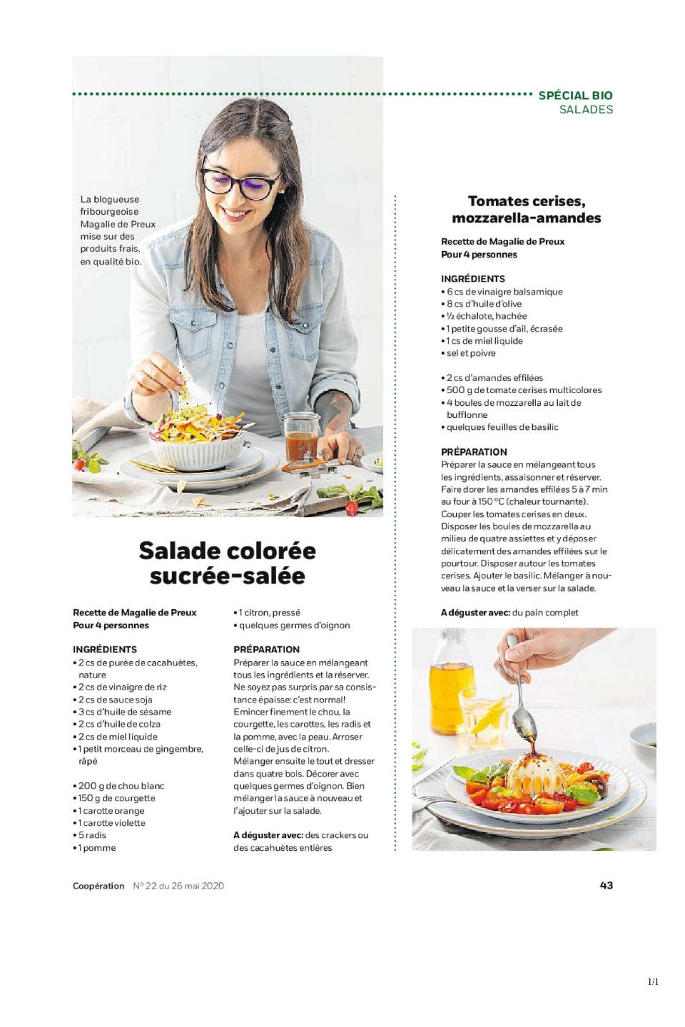 Magalie De Preux - Nutritionniste et micronutritionniste - Journal de la Coop « Cooperation » n° 22 du 26 mai 2020, recette de la salade colorée sucré/salée